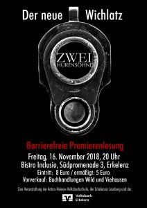 Ein Plakat. Darauf stehen Informationen zu einer Lesung. Es steht ein Datum und eine Uhrzeit drauf.