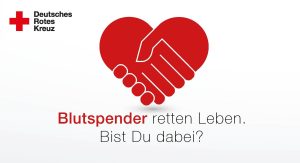 Symbol für Blutspende mit rotem Herz und Händen, das zur Teilnahme am Blutspenden aufruft.