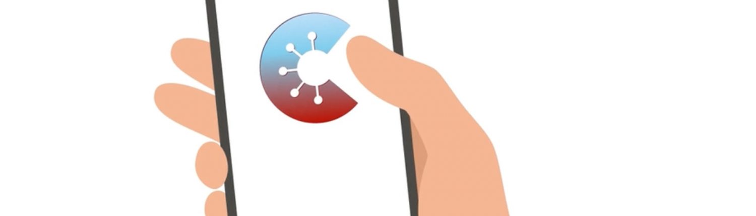 Eine Hand hält ein Smartphone. Auf dem Bildschirm ist ein rotes Symbol mit weißen Punkten zu sehen.