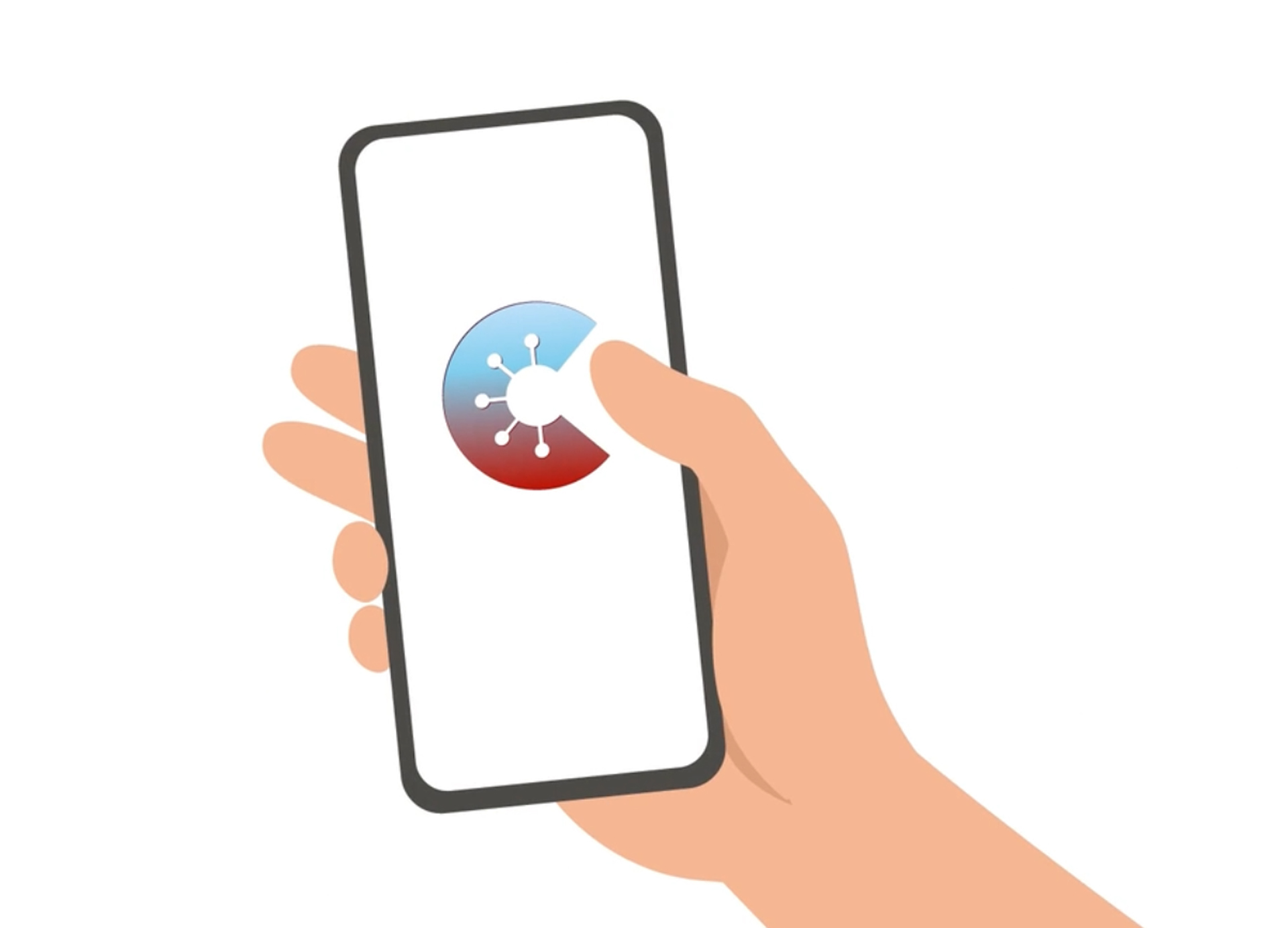 Eine Hand hält ein Smartphone. Auf dem Bildschirm ist ein rotes Symbol mit weißen Punkten zu sehen.