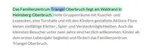 Textausschnitt von der Website des Triangel Oberbruchs, der Informationen über Gruppenräume und Aktivitäten für Kinder enthält.