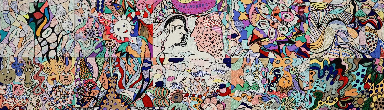 Buntes Kunstwerk mit einer Vielzahl von Farben und Materialien, das eine lebendige und chaotische Komposition zeigt. Im Zentrum ist ein kleines Bild eingebettet, umgeben von einer Fülle von Texturen und Mustern.