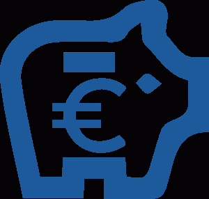 Blaues Sparschwein-Symbol mit Euro-Zeichen, das für Geldsparen und finanzielle Planung steht.