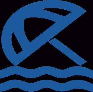 Logo eines Wassersportvereins mit stilisierter Darstellung eines Kitesurfers über Wellen.