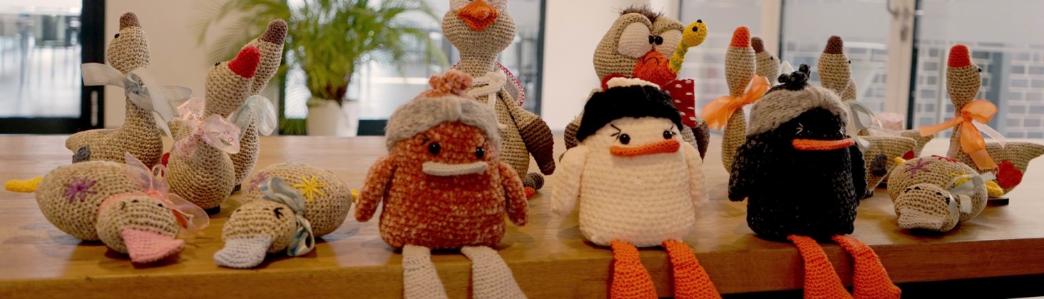 Stofftiere in verschiedenen Farben und Designs, darunter Enten und andere Vögel, stehen auf einem Tisch in einem hellen Raum mit Pflanzen im Hintergrund.