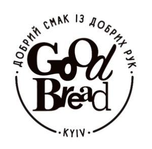 Logo von Good Bread, einer Bäckerei in Kiew, mit dem Slogan „Добрий снак із добрих рук“.
