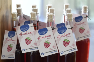 Rote Himbeere auf einem weißen Hintergrund. Die Himbeere ist ein Foto auf einem Schild.