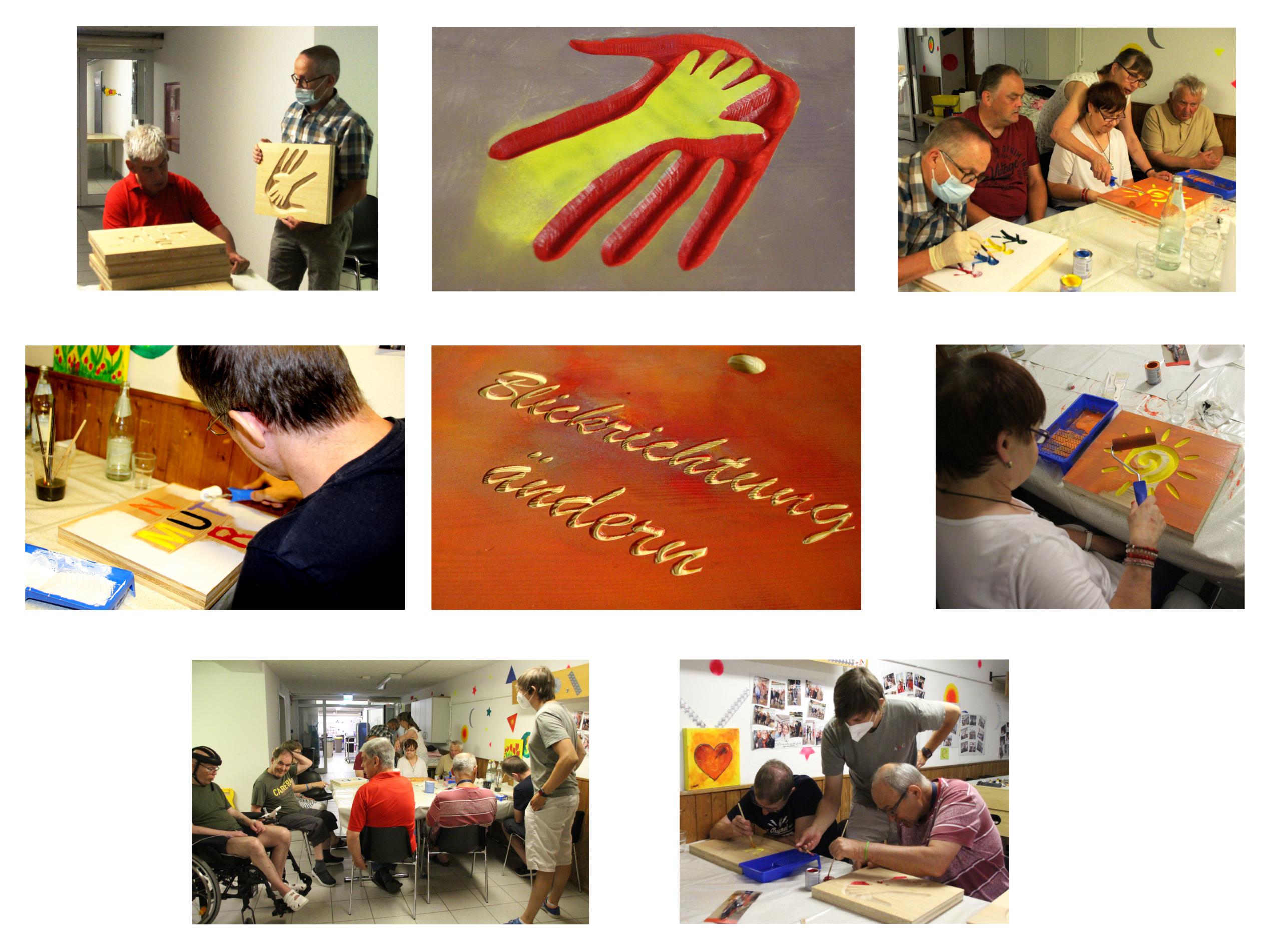 Bildercollage von kreativen Workshops, die verschiedene Aktivitäten zeigen, darunter Malen, Basteln und gemeinsames Lernen. Teilnehmer nutzen Materialien wie Farben und Pappen, um ihre Ideen auszudrücken und interaktive Projekte zu gestalten.