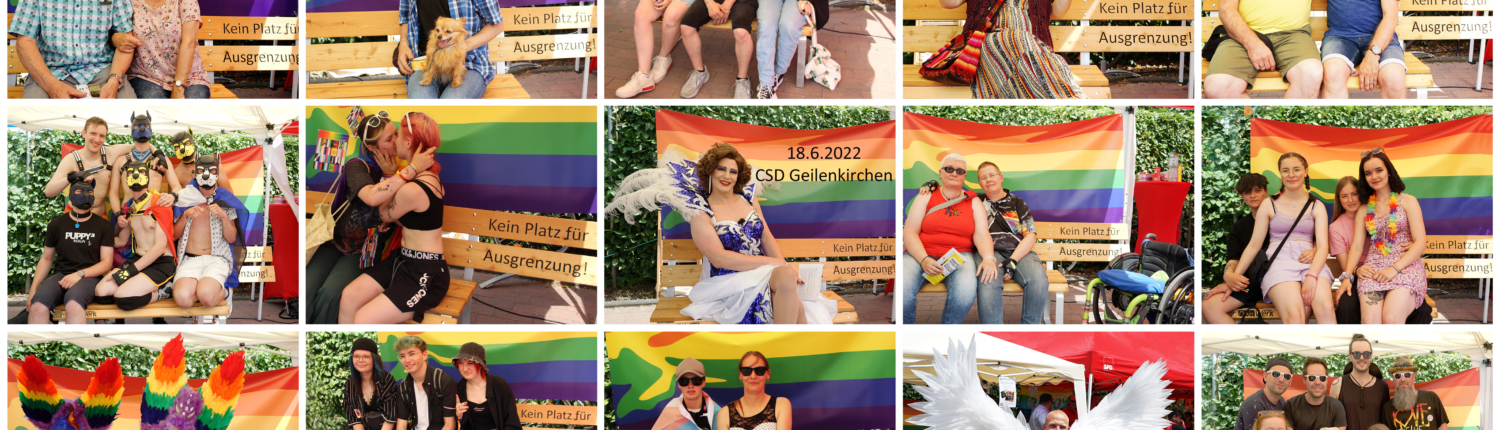Collage mit verschiedenen Gruppen von Menschen, die vor einer Regenbogenflagge posieren, um Vielfalt und Akzeptanz zu feiern. Die Bilder zeigen glückliche Gesichter und verschiedene Altersgruppen, die gemeinsam Spaß haben und Solidarität ausdrücken.