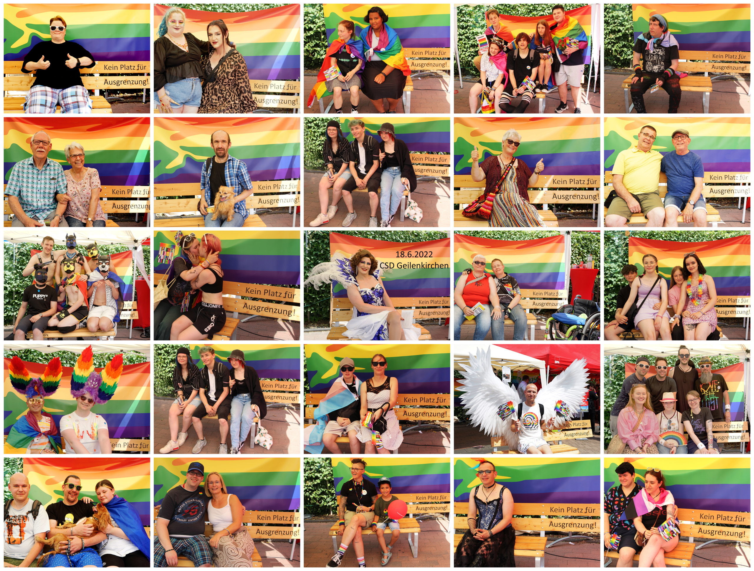 Collage mit verschiedenen Gruppen von Menschen, die vor einer Regenbogenflagge posieren, um Vielfalt und Akzeptanz zu feiern. Die Bilder zeigen glückliche Gesichter und verschiedene Altersgruppen, die gemeinsam Spaß haben und Solidarität ausdrücken.