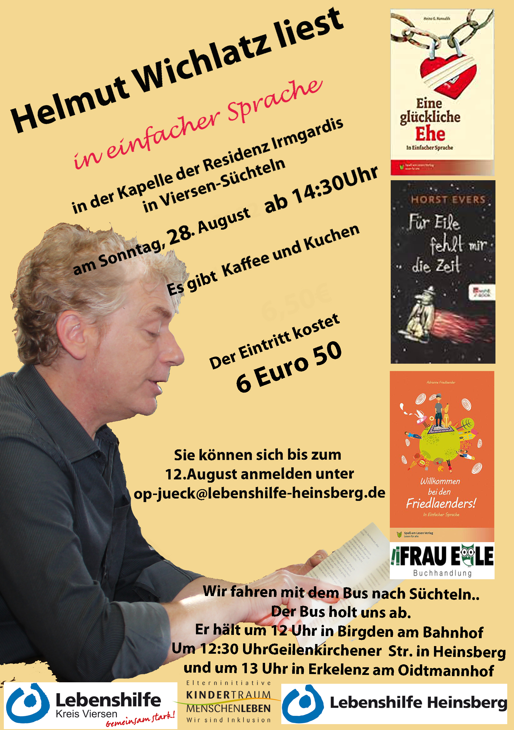 Menschen stehen vor einem Bus. Es gibt Schilder mit Text. Der Himmel ist blau.