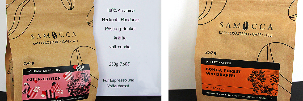Eine Packung Kaffee. Auf der Packung steht "Samocca" und "Osterzeit Edition". Es sind Text und Bilder drauf.