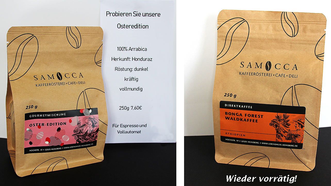 Eine Packung Kaffee. Auf der Packung steht "Samocca" und "Osterzeit Edition". Es sind Text und Bilder drauf.
