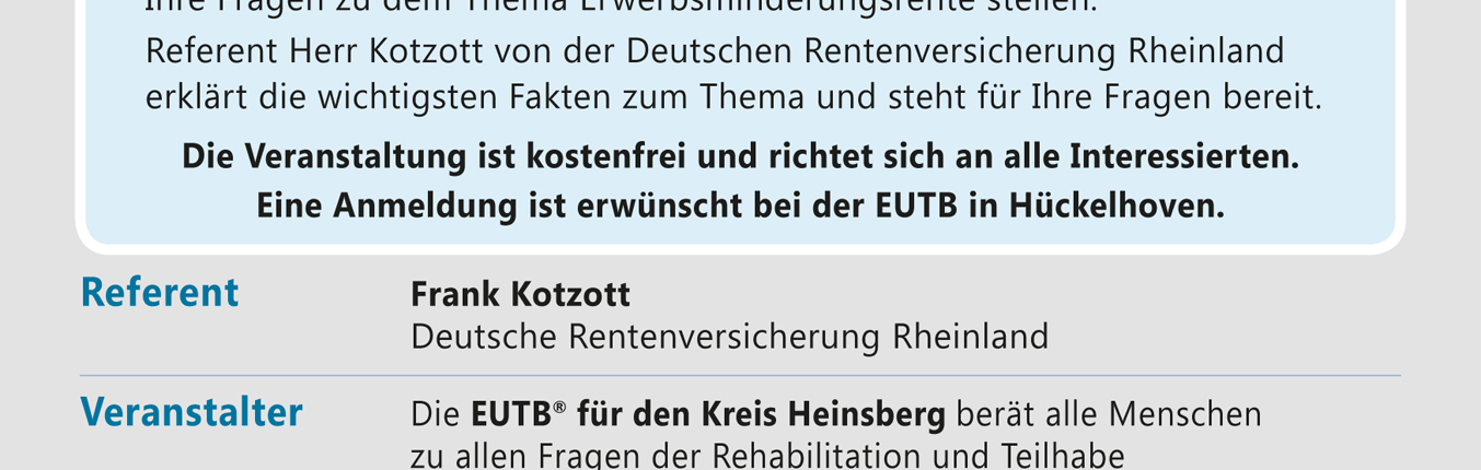 Ein Plakat kündigt eine Veranstaltung zum Thema Rentenversicherung an. Es sind Daten und ein Kontakt angegeben.