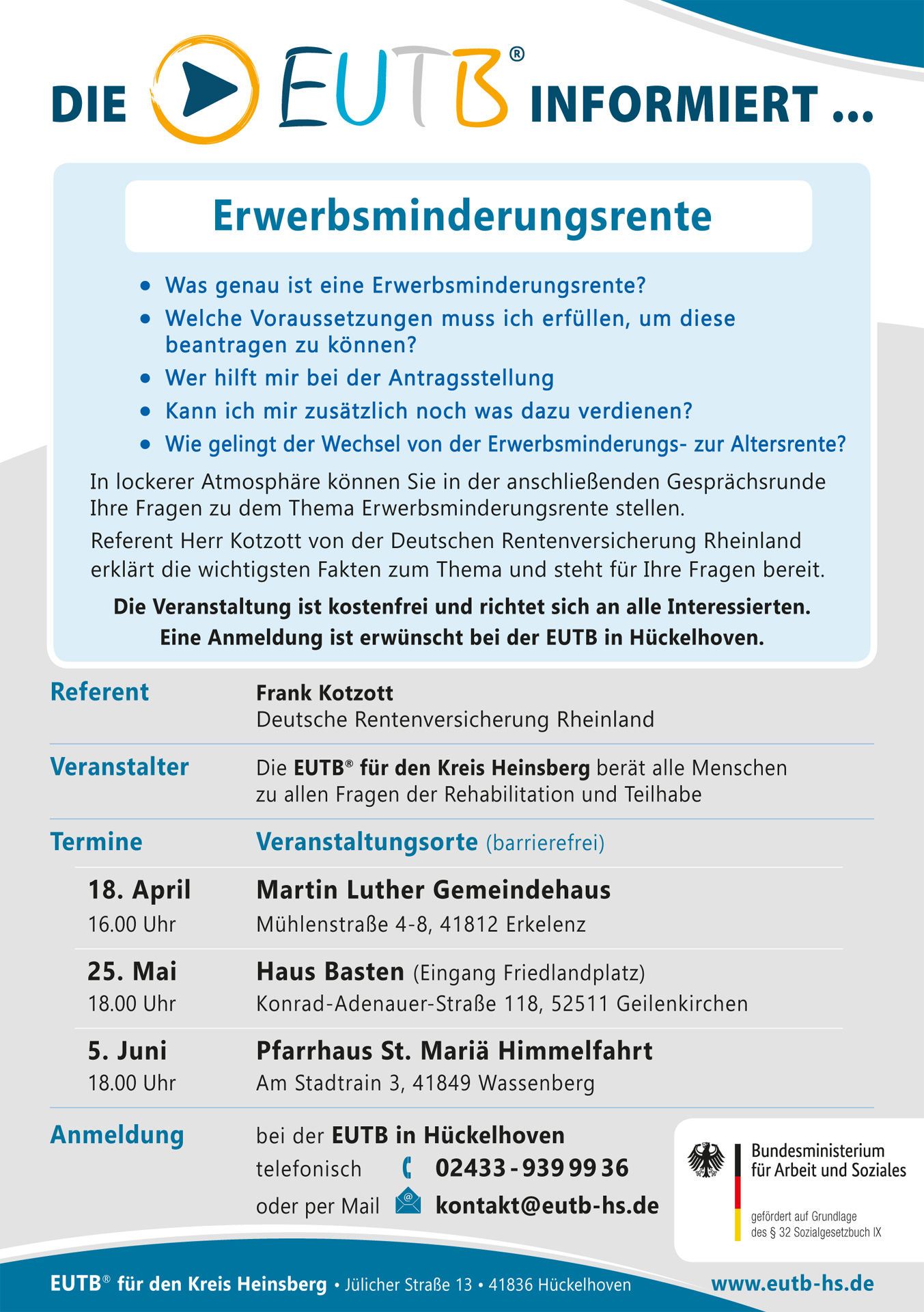 Ein Plakat kündigt eine Veranstaltung zum Thema Rentenversicherung an. Es sind Daten und ein Kontakt angegeben.