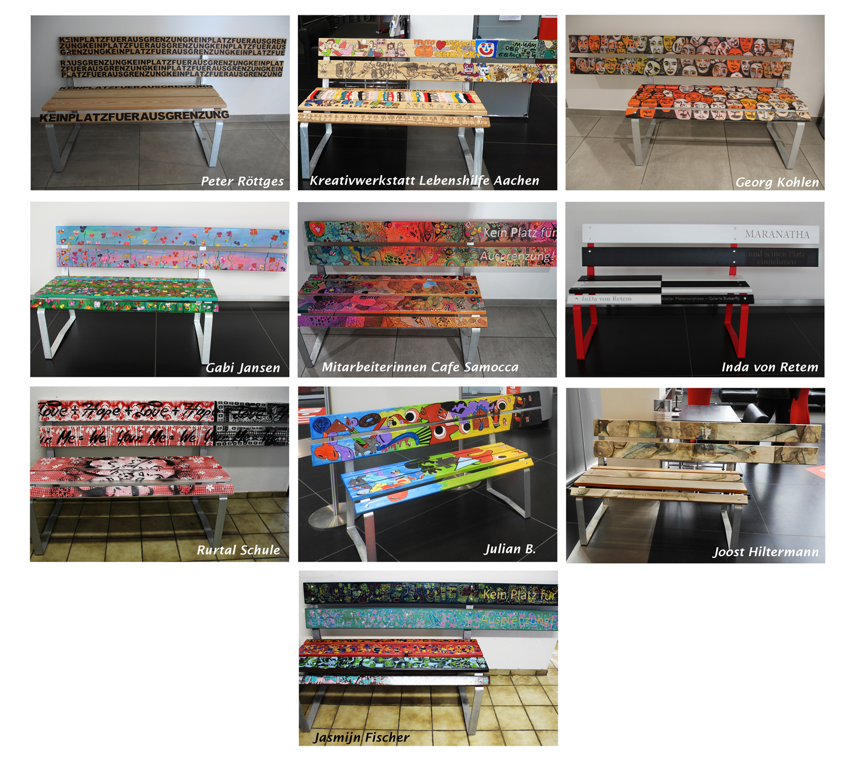 Bunte Kinderbilder hängen an einer Wand. Ein Tisch mit vielen Zeichnungen steht davor.