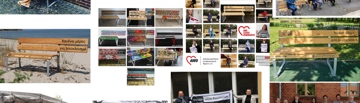 Collage von Bildern, die verschiedene Holzbänke in unterschiedlichen Umgebungen zeigen, einschließlich öffentlicher Plätze und Veranstaltungen, mit Menschen, die sich um die Bänke versammeln.