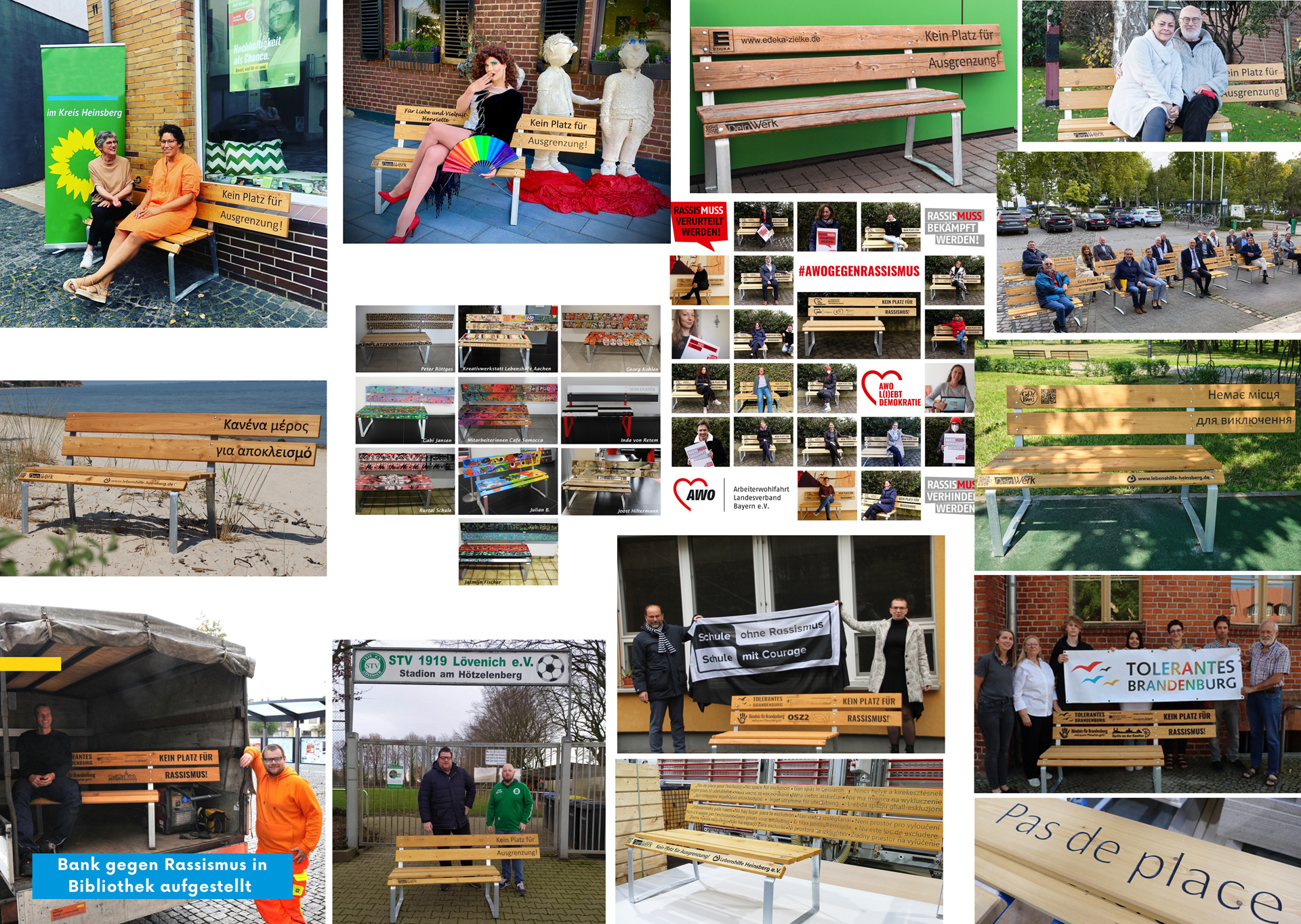 Collage von Bildern, die verschiedene Holzbänke in unterschiedlichen Umgebungen zeigen, einschließlich öffentlicher Plätze und Veranstaltungen, mit Menschen, die sich um die Bänke versammeln.