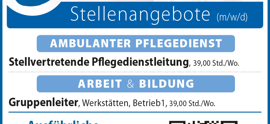 Stellenanzeige der Lebenshilfe Heinsberg mit Informationen zu Pflegeberufen, Kontaktmöglichkeiten und einem QR-Code für weitere Details.