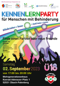 Ein Plakat kündigt eine Party an. Es gibt Essen und Getränke. Die Party ist am 2. September.