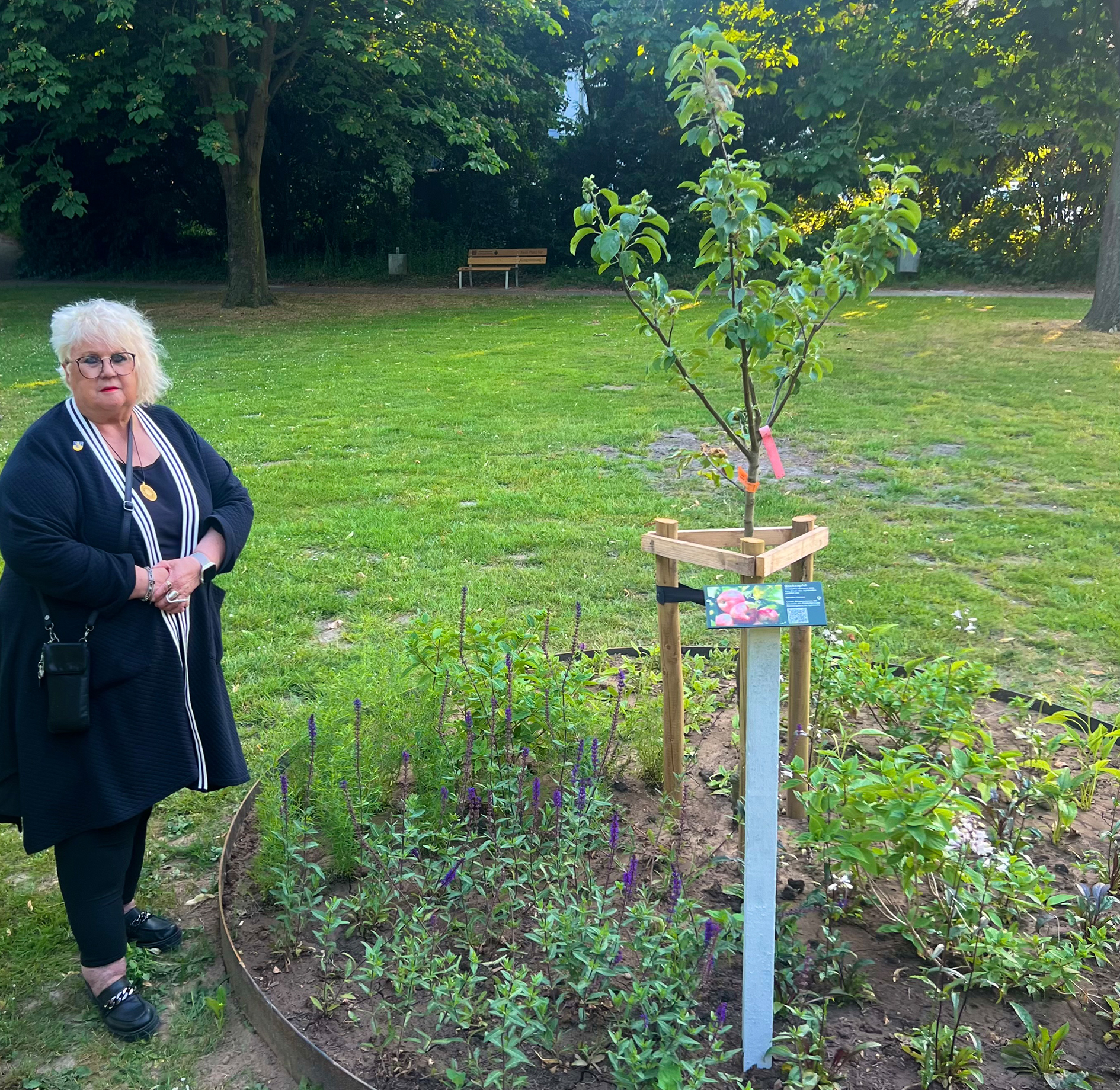 Eine Frau steht neben einem kleinen Baum. Der Baum ist in einem Beet. Hinter dem Baum ist Gras zu sehen.