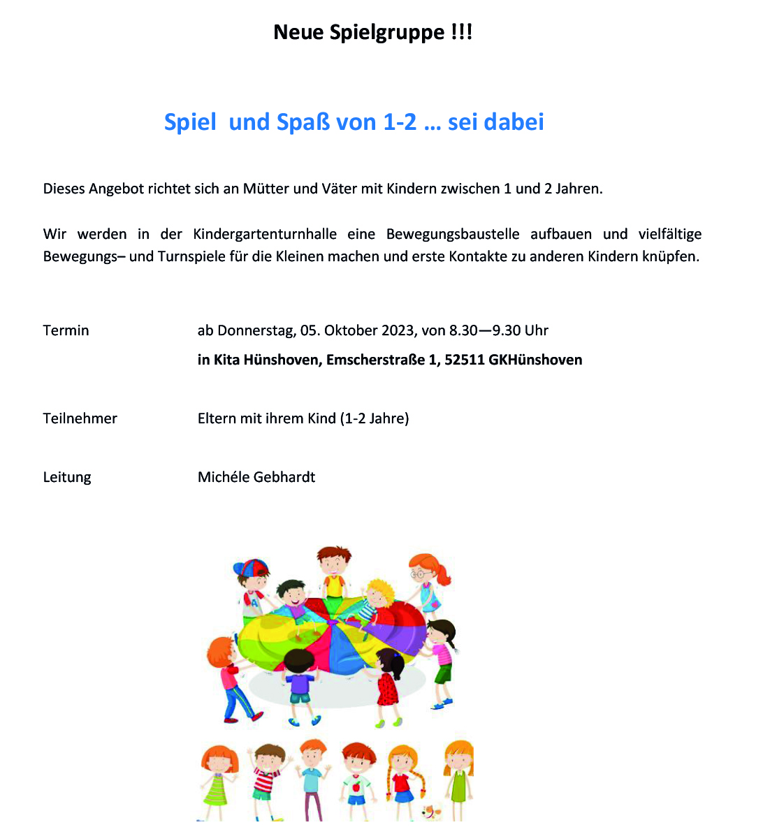 Bild zeigt ein Dokument mit dem Titel "Spiel und Spielideen für Kinder". Es enthält Informationen und Anleitungen zu verschiedenen Spielen, die für Kinder geeignet sind, sowie eine Übersicht über benötigte Materialien und Anleitungen zur Durchführung.