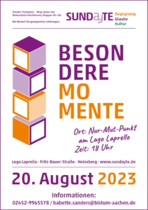Plakat für die Veranstaltung "Besondere Momente" am 20. August 2023, präsentiert von Lutz Capelle, mit grafischen Elementen in lila und orange.