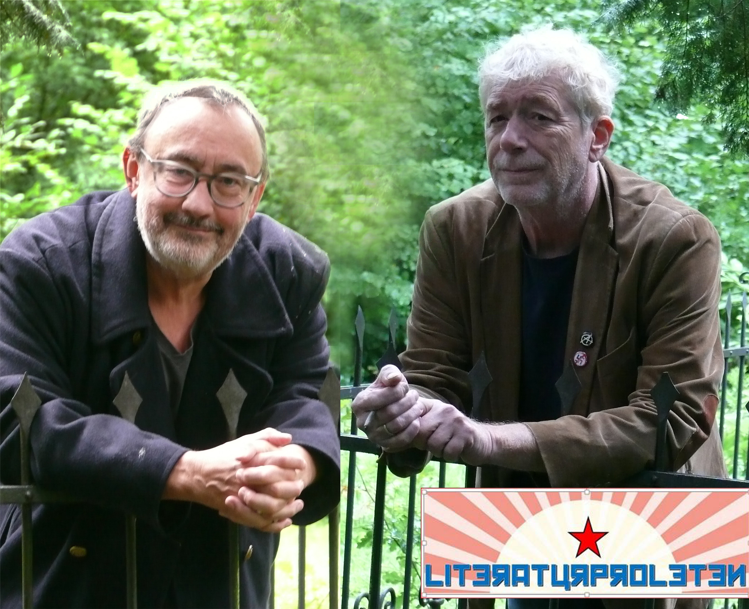 Zwei Männer stehen in einer grünen Umgebung und posieren für ein Foto. Sie tragen legere Kleidung und lächeln leicht. Im Vordergrund ist ein Logo mit dem Text "LITSTUPID" sichtbar.