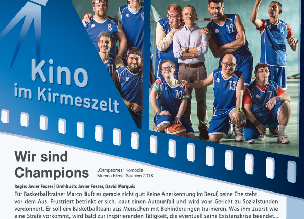 Ein Filmplakat für "Campeones" mit dem Titel "Champions". Es zeigt einen Mann und Text über eine Filmvorführung.