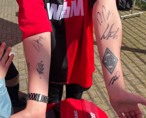Junge mit mehreren Tattoos auf beiden Unterarmen, trägt ein rotes T-Shirt. Im Hintergrund ist eine sonnige Umgebung sichtbar.