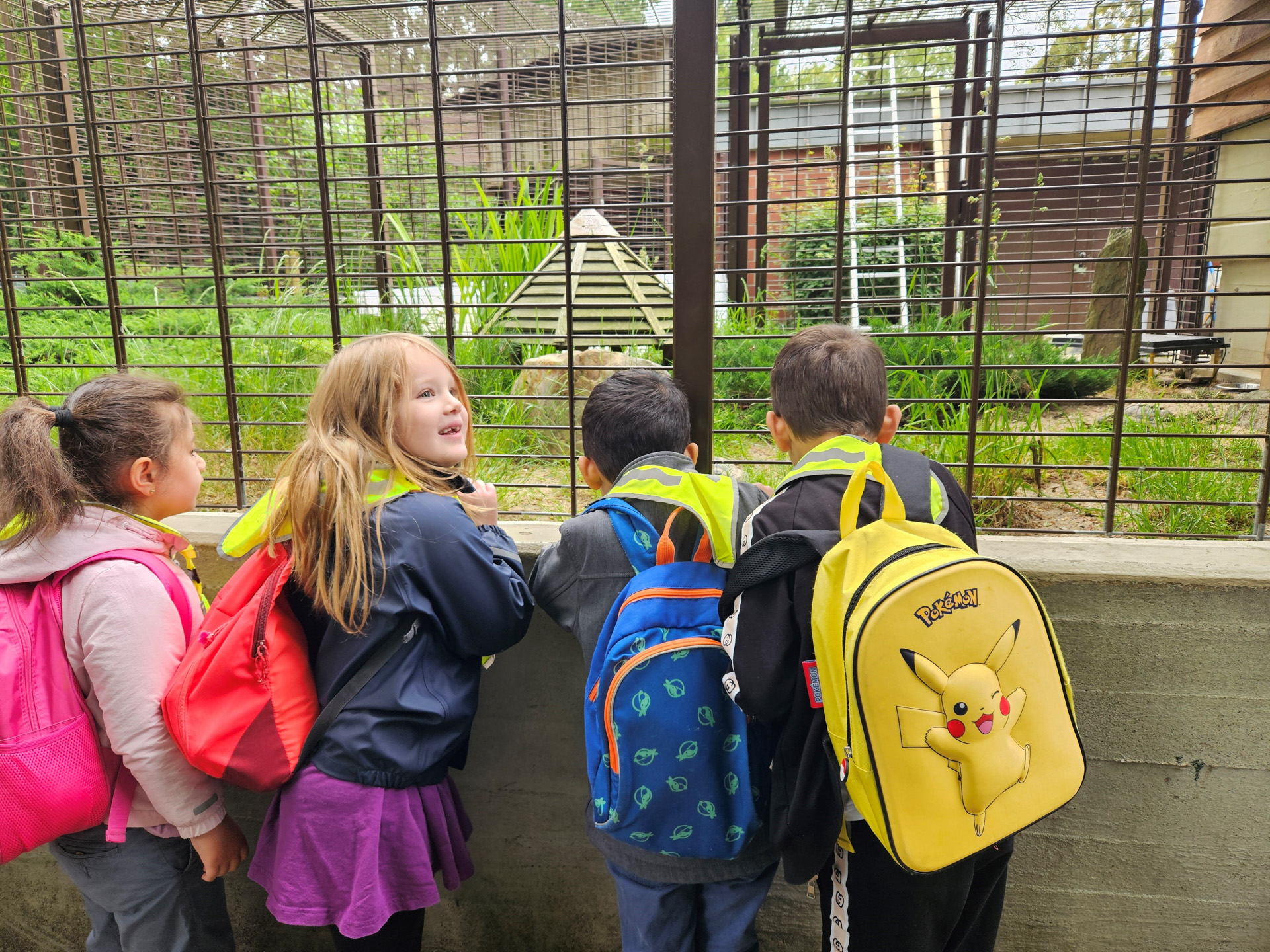 Kinder mit Rucksäcken beobachten Tiere im Zoo, stehen vor einem Gehege und zeigen Interesse an der Tierwelt.