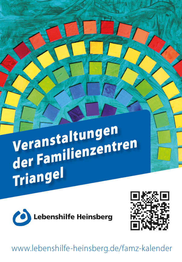 Buntes Mosaikdesign mit dem Text "Veranstaltungen der Familienzentren Triangel" und einem QR-Code, der zu weiteren Informationen führt.