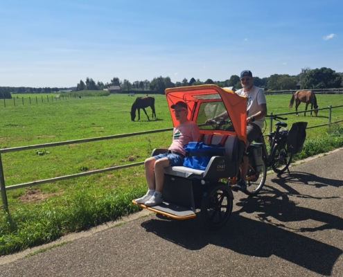 Ein Kind sitzt in einem Fahrradanhänger. Im Hintergrund sind Pferde auf einer Wiese.