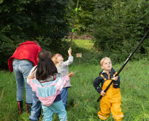 Kinder spielen draußen. Ein Kind hält einen Stock hoch. Es sieht aus wie ein Spazierstock oder eine Stange.