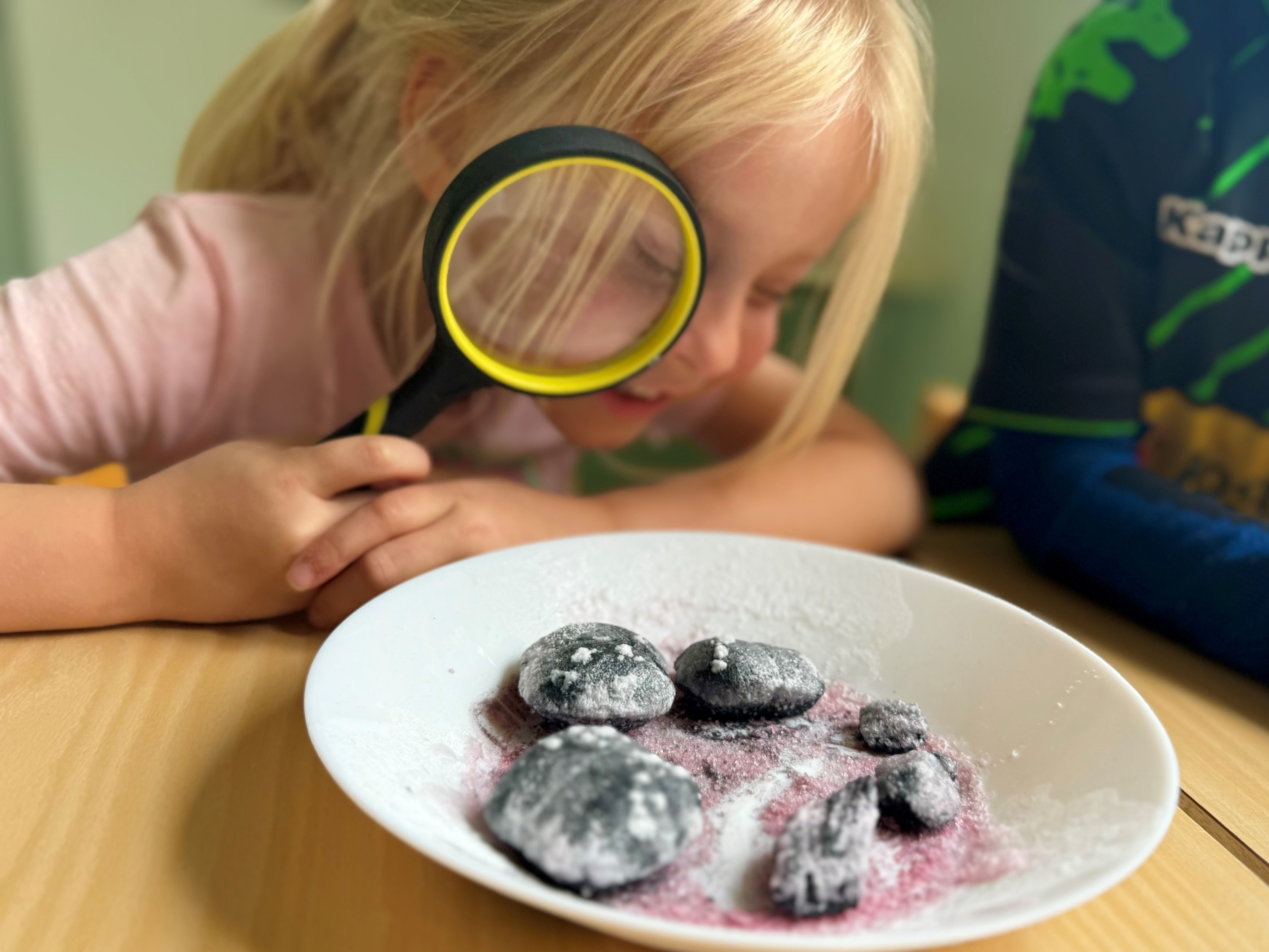 Ein Kind untersucht mit einer Lupe ein Gericht mit lila gefärbten Speisen auf einem Teller.