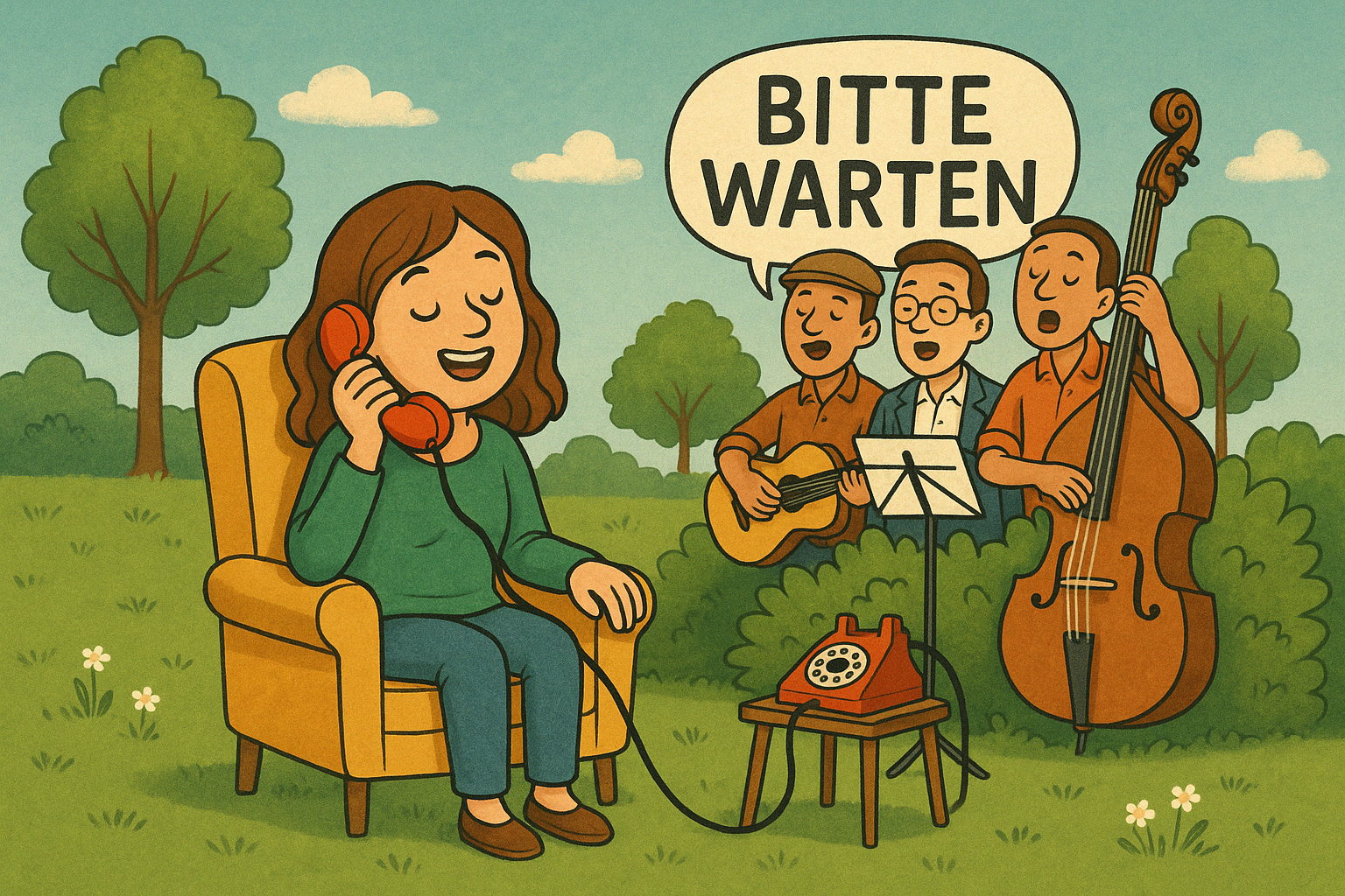 Eine Frau sitzt auf einem Sessel und telefoniert, während eine Band im Hintergrund spielt. Der Text "Bitte warten" ist sichtbar, was auf eine humorvolle Wartesituation hinweist.