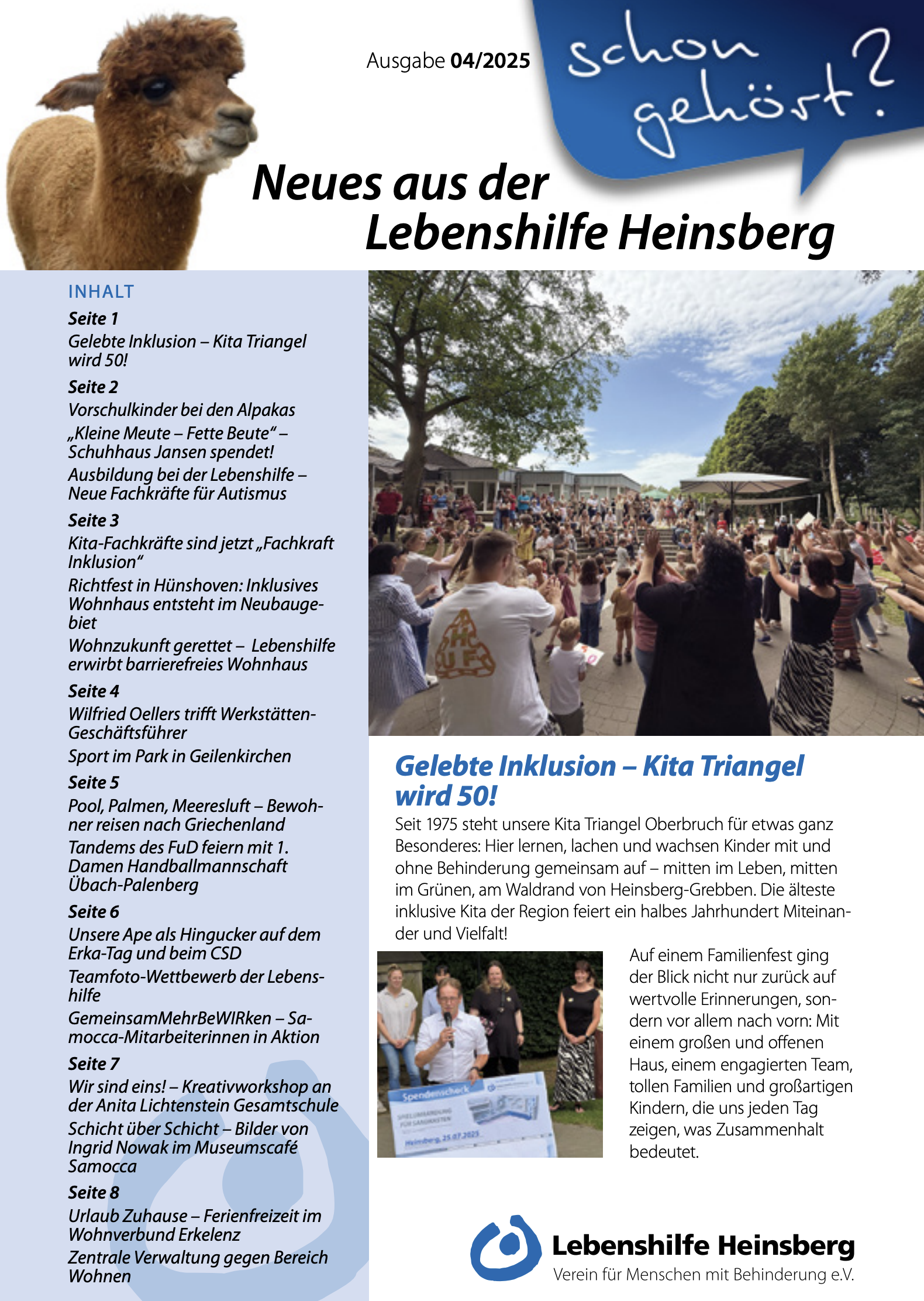 Das Bild zeigt eine Seite aus einer Broschüre oder einem Magazin der "Lebenshilfe Heinsberg". Die Seite ist übersichtlich gestaltet und enthält eine Auflistung von Inhalten mit den entsprechenden Seitenzahlen. Die Überschrift "Neues aus der Lebenshilfe Heinsberg" und das Logo der Organisation sind deutlich erkennbar. Im unteren Teil der Seite befindet sich das Logo der Organisation "Lebenshilfe Heinsberg Verein für Menschen mit Behinderung e.V." und ein kurzer Text, der die Bedeutung von Inklusion und gemeinschaftlicher Arbeit betont. Die Seite vermittelt einen positiven und inklusiven Eindruck.