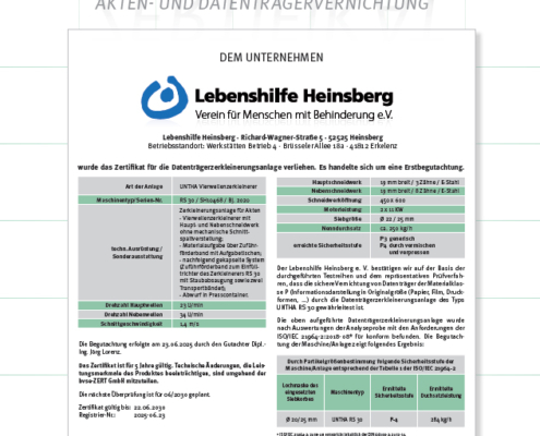 Zertifikat für ein Unternehmen. Es zeigt Informationen über Maschinen und deren Sicherheit. Das Dokument ist mit dem Logo des Unternehmens versehen.