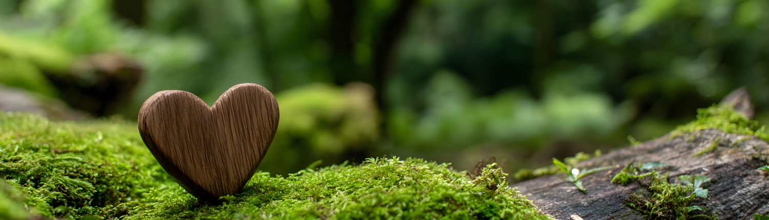 abschied-nehmen-trauer Das Bild zeigt ein Holzherz auf einem Baumstamm, der mit Moos überzogen ist.