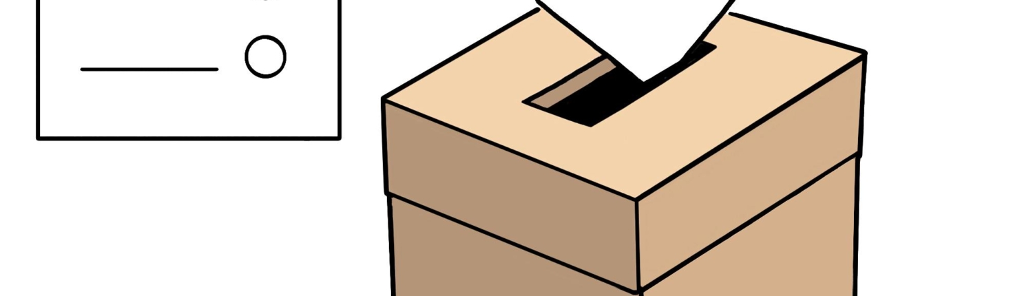 Das Bild ist eine Illustration, die zeigt, dass ein Wahlzettel in die Wahlurne eingeworfen wird.