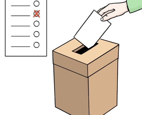 Das Bild ist eine Illustration, die zeigt, dass ein Wahlzettel in die Wahlurne eingeworfen wird.