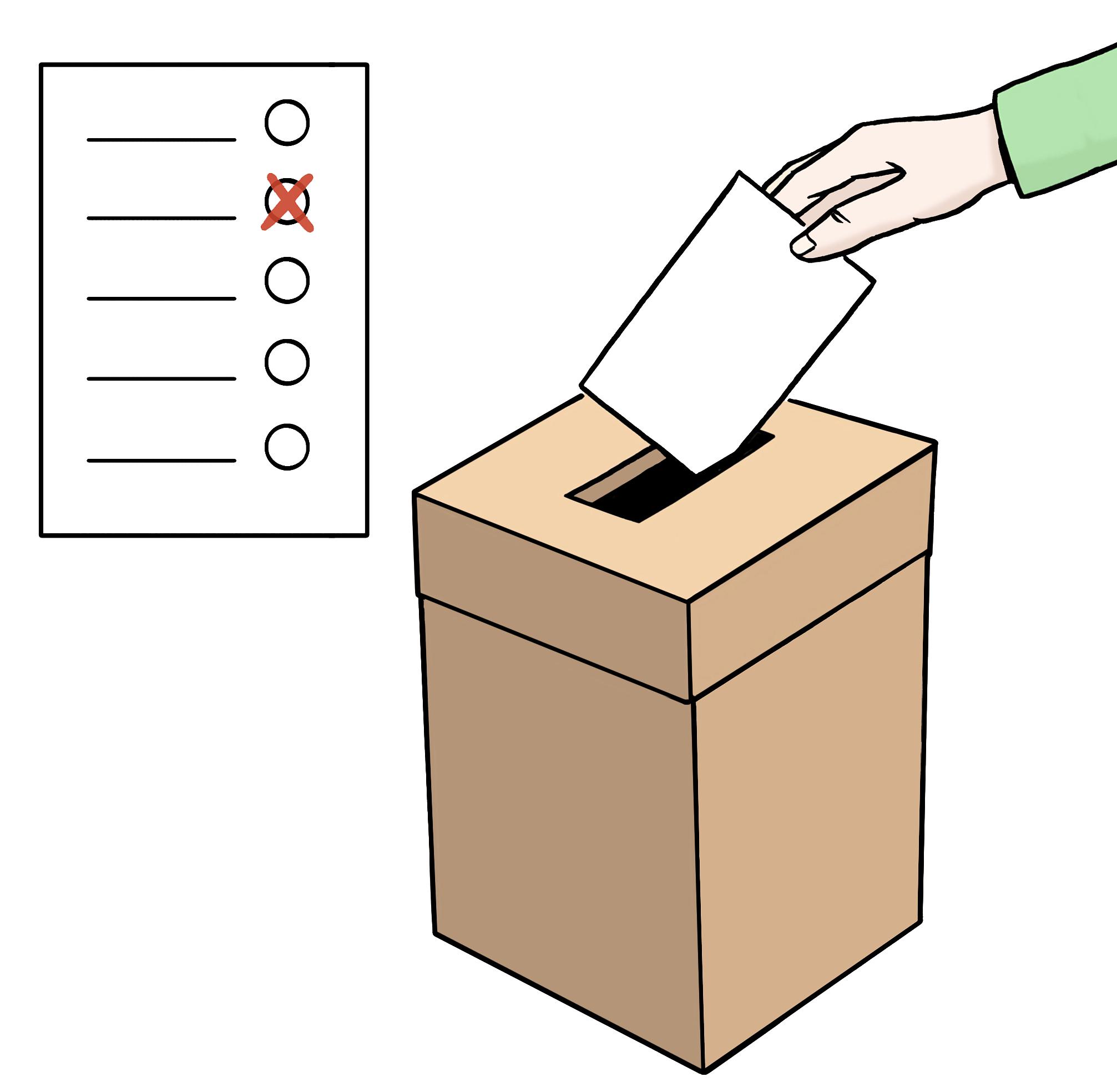 Das Bild ist eine Illustration, die zeigt, dass ein Wahlzettel in die Wahlurne eingeworfen wird.