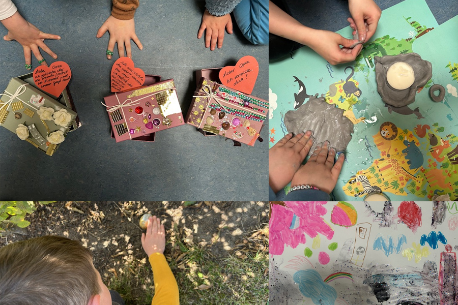 Kreative Bastelaktivitäten mit Kindern: dekorierte Geschenkboxen, künstlerisches Gestalten mit Knete und Malen auf Papier. Hände, die an verschiedenen Projekten arbeiten, fördern die Kreativität und den Spaß am Selbermachen.