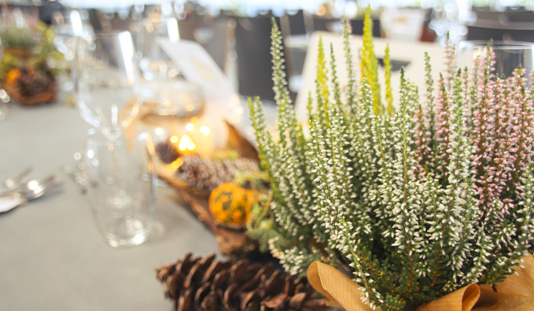 Dekorative Tischgestaltung mit Heidekraut, Tannenzapfen und kleinen Kürbissen in einem eleganten Restaurant. Hintergrund mit Gläsern und stilvoller Beleuchtung, ideal für Feierlichkeiten oder besondere Anlässe.