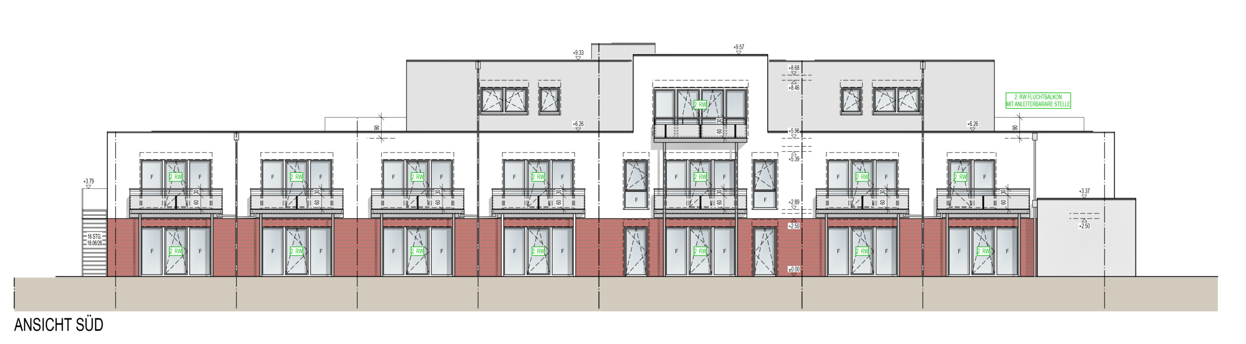 Gebäudezeichnung. Es zeigt die Vorderseite eines Hauses mit Fenstern und Balkonen.