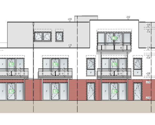 Ein Haus mit vielen Fenstern. Es ist ein Plan oder eine Zeichnung.