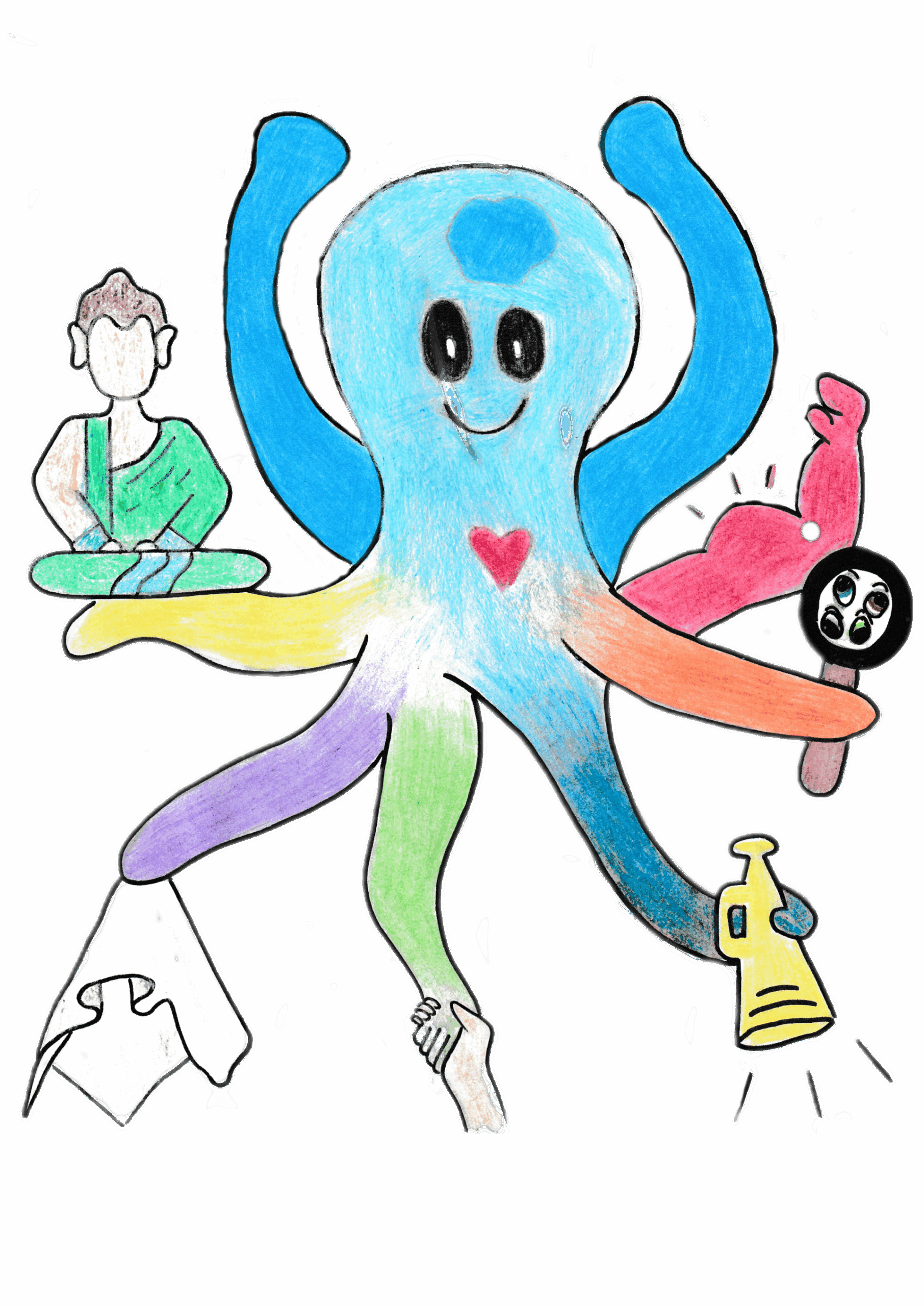 Ein freundlicher Tintenfisch mit bunten Armen hält ein Herz. Daneben sitzt ein Mann im Sitzen.