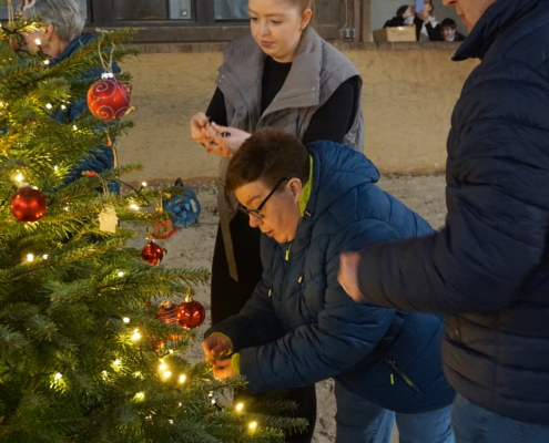 Zwei Personen hängen Weihnachtsdeko an einen Baum. Der Baum steht im Freien.