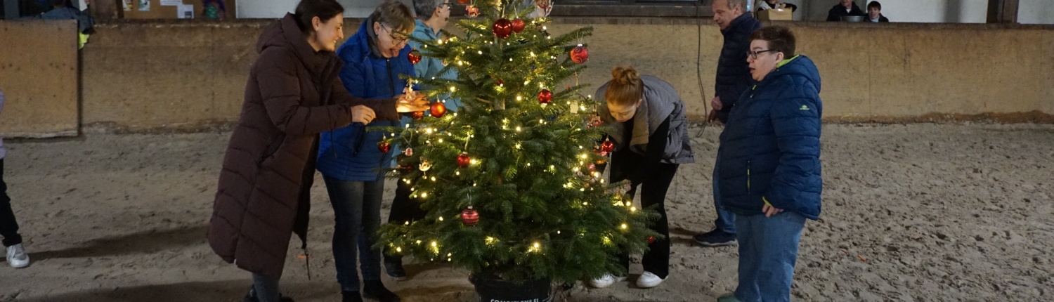 Menschen stellen einen Weihnachtsbaum auf. Es ist dunkel draußen.