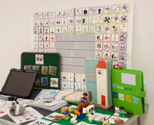 Spielzeug liegt auf einem Tisch. Es gibt Tiere und bunte Bausteine.